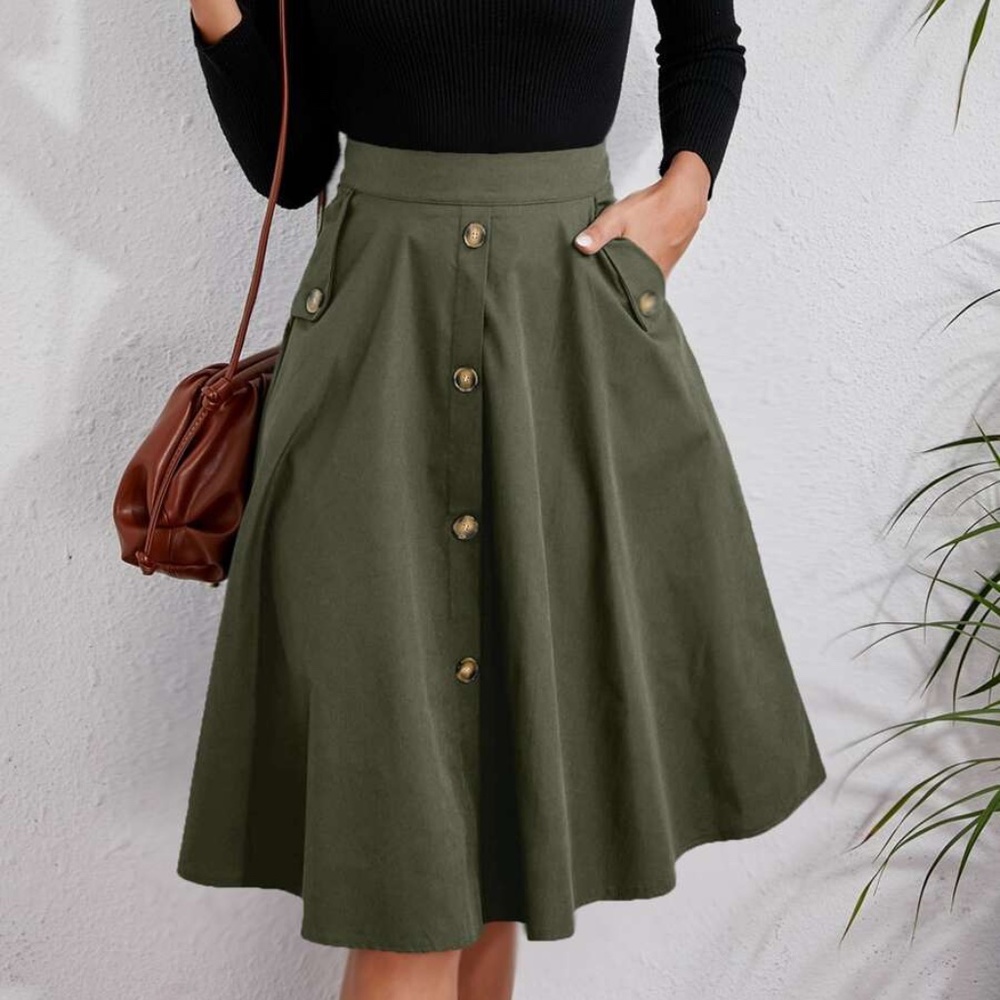 Classic Dark Green Button Detail Pocket Midi Skirt Work office - Picture 9 of 14